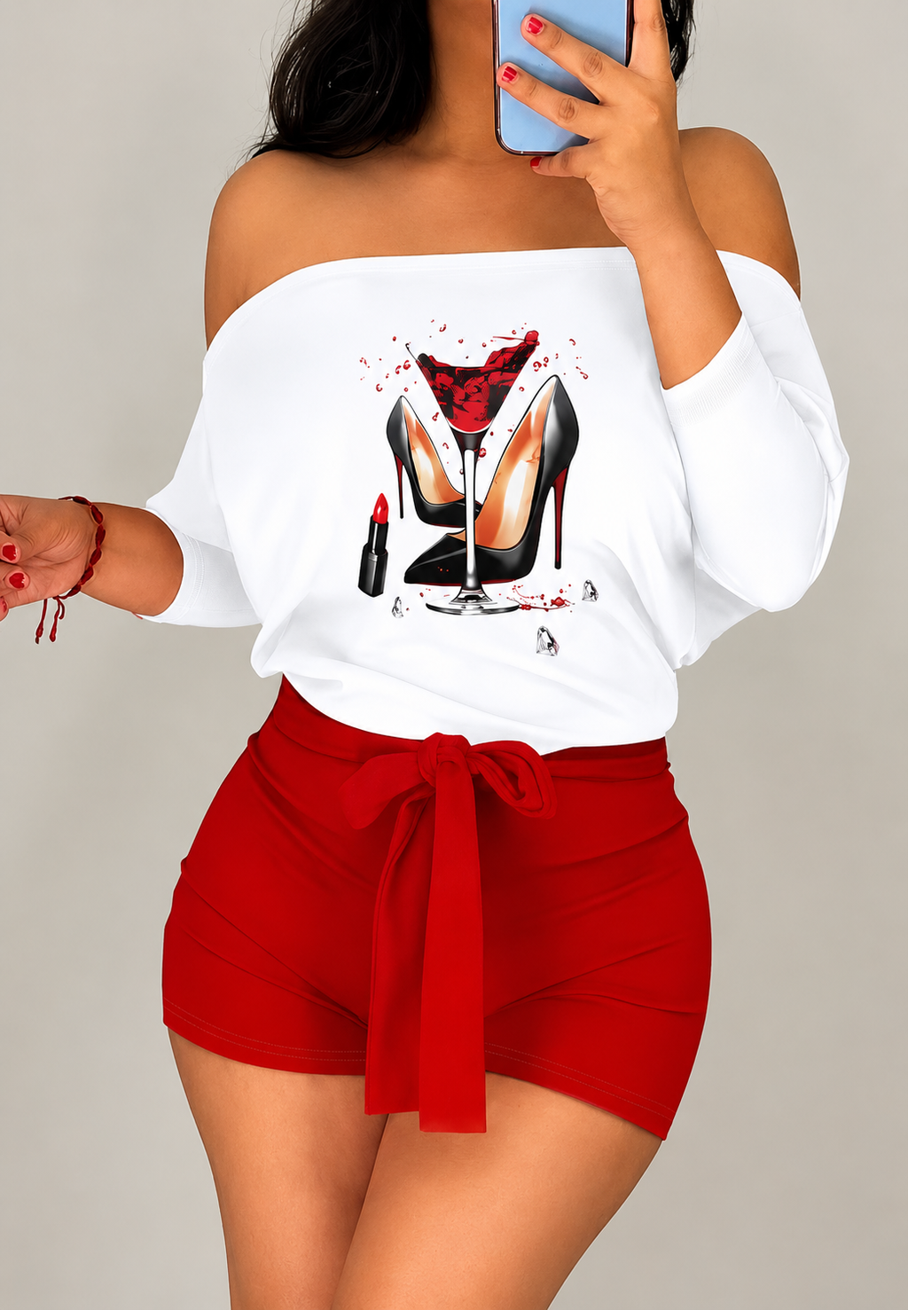 Women’s Off Shoulder Graphic Top & Tie Shorts Set