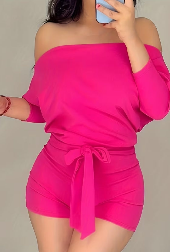 Women’s Solid Color Off-Shoulder Casual Jumpsuit Shorts