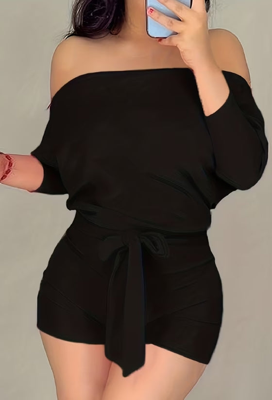 Women’s Solid Color Off-Shoulder Casual Jumpsuit Shorts