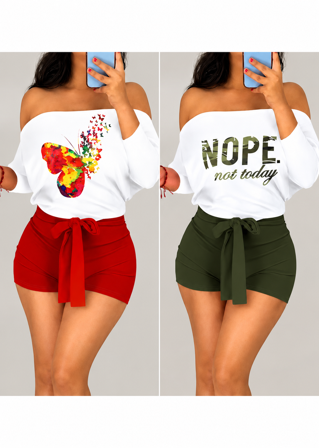 Women’s Off Shoulder Graphic Top & Tie Shorts Set